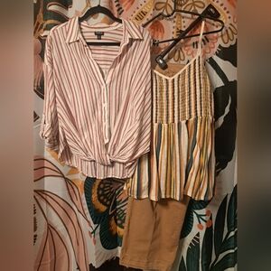 Torrid Bundle, 2 Striped Tops And Camel Colored Wide Leg Trouser